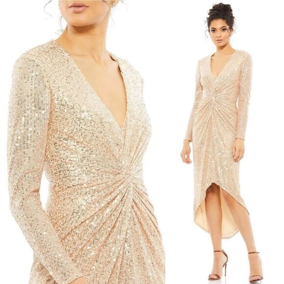 Mac Duggal IEENA Sequined High Low Dress, Rose Gold, NWT, Size 12 - Picture 1 of 16